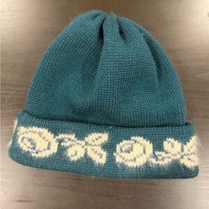 Vintage Teal Knit Beanie with Floral Trim